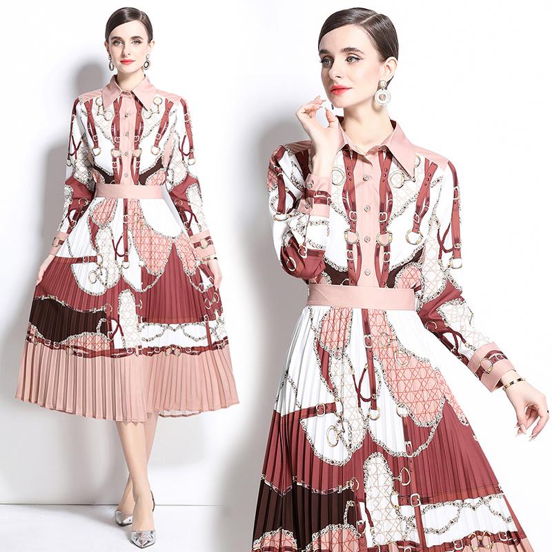 

Весна-лето Дизайнерский винтажный принт с цепочкой Подиумный комплект из 2 предметов Женская рубашка с лацканами + плиссированная юбка Костюмы для офиса и вечеринок 2XL