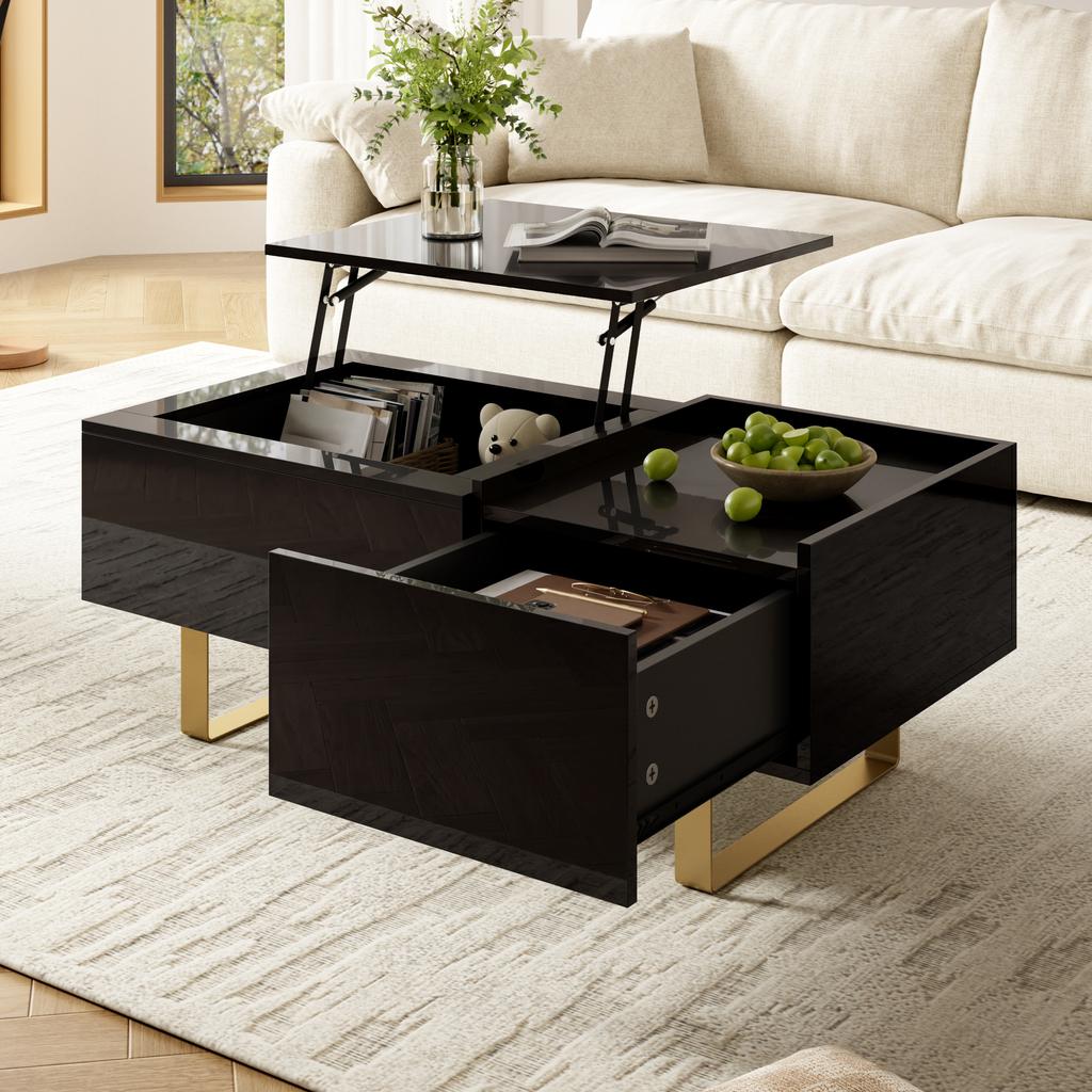 Height-Adjustable Coffee Table, Storage Made of MDF with High-Gloss Surface, with Drawer and Iron Legs, Modern Living Room Table