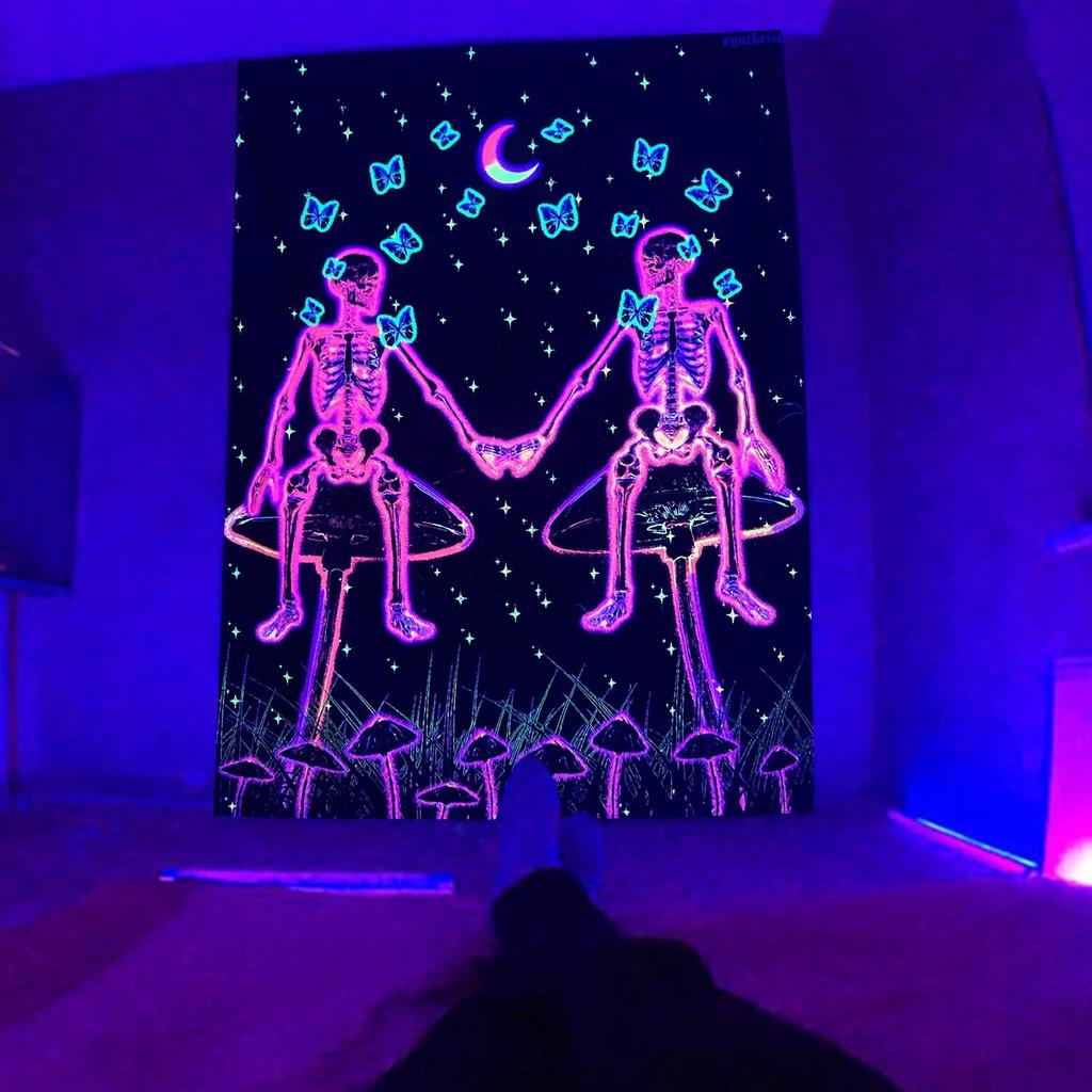 Hug Skull Fluorescent Black Light Tapestry Aesthetic Wall Hanging Hippie  for Bedroom Independent Room Decoration