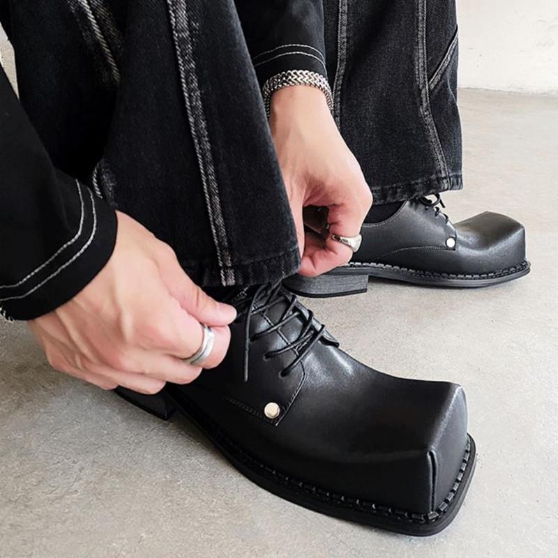 Male Leather Shoes Men 2025 New Square head Chunky Platform Retro Work Shoes Spring Autumn Derby Shoes Low Top Man Casual Flats
