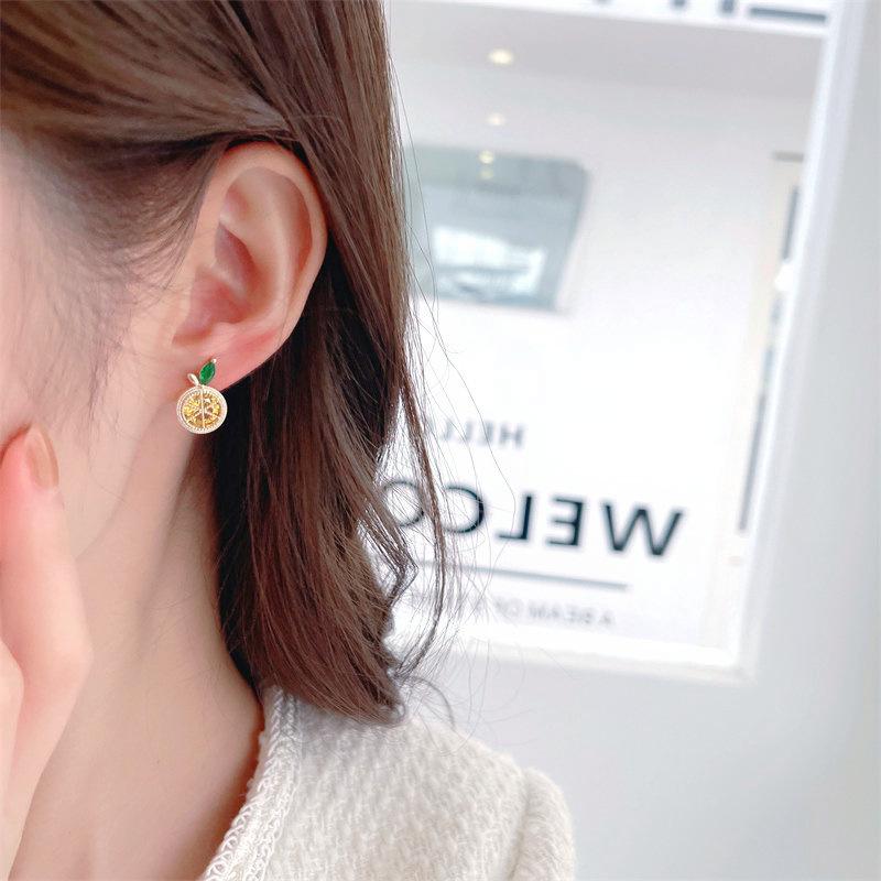 Small Crowd Design Sense Simple Temperament Earrings Fashionable Sweet Fresh Cubic Zirconia Inlaid Orange Lemon Earrings