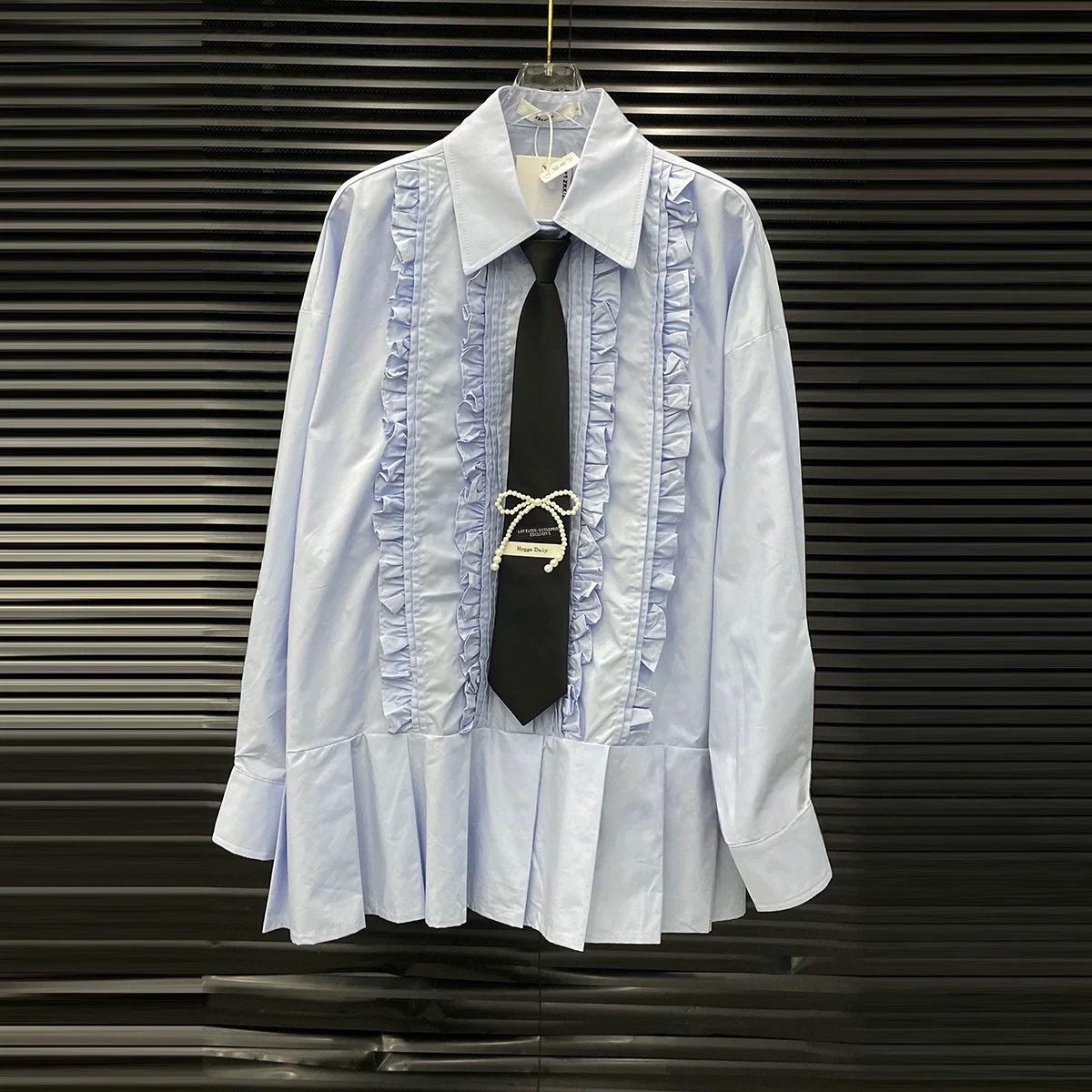 

Spring 2026 French Style Loose Tie-Waist Shirt Dress with Unique Wood Ear Edge M синій