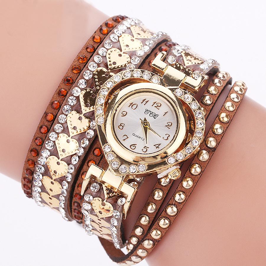 Fashion Rhinestone Heart Dial Women Watches Long Velvet Band Wristwatch коричневый