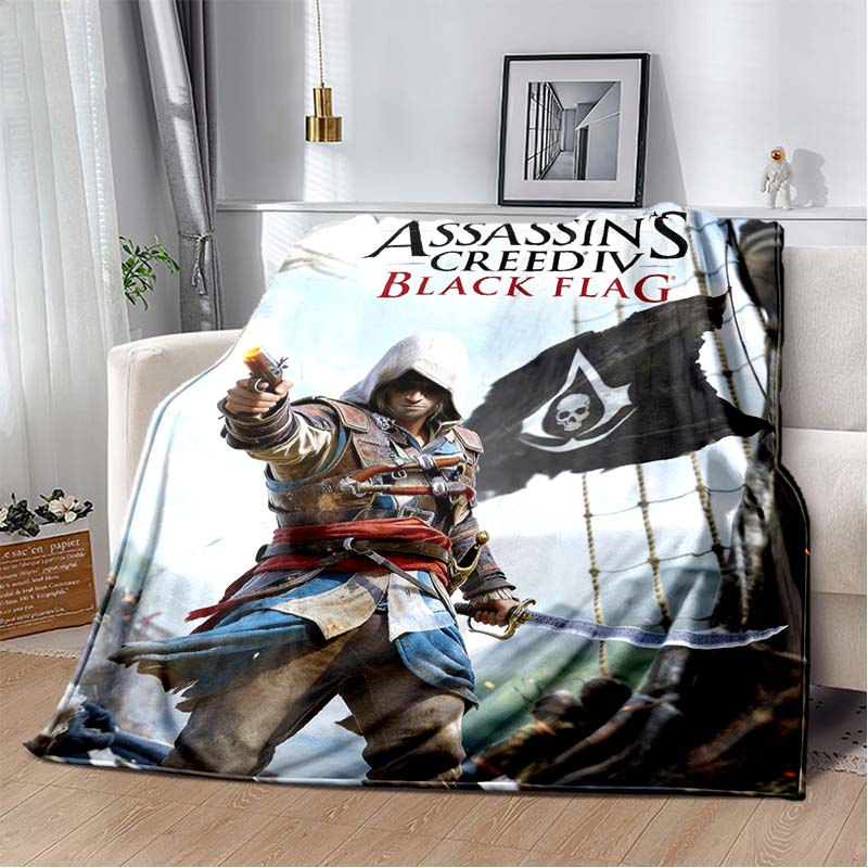 Assassin's Creed Hooded Figure Flannel Blanket Red Smoke Logo Print Soft Warm Throw For Sofa Bed Gamer Home Decor