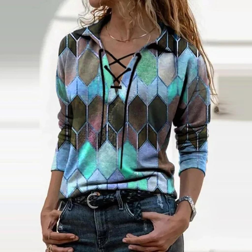 Fashion Women Prints Long Sleeve Color Matching Bandage Tops Blouses