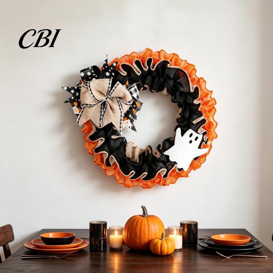 Spooky Door Wreath 15 Inch Halloween for Front Door, Rustic Ruffle with Home Decoration Ghost And Burlap Bow Fireplace Walls Windows Gothic