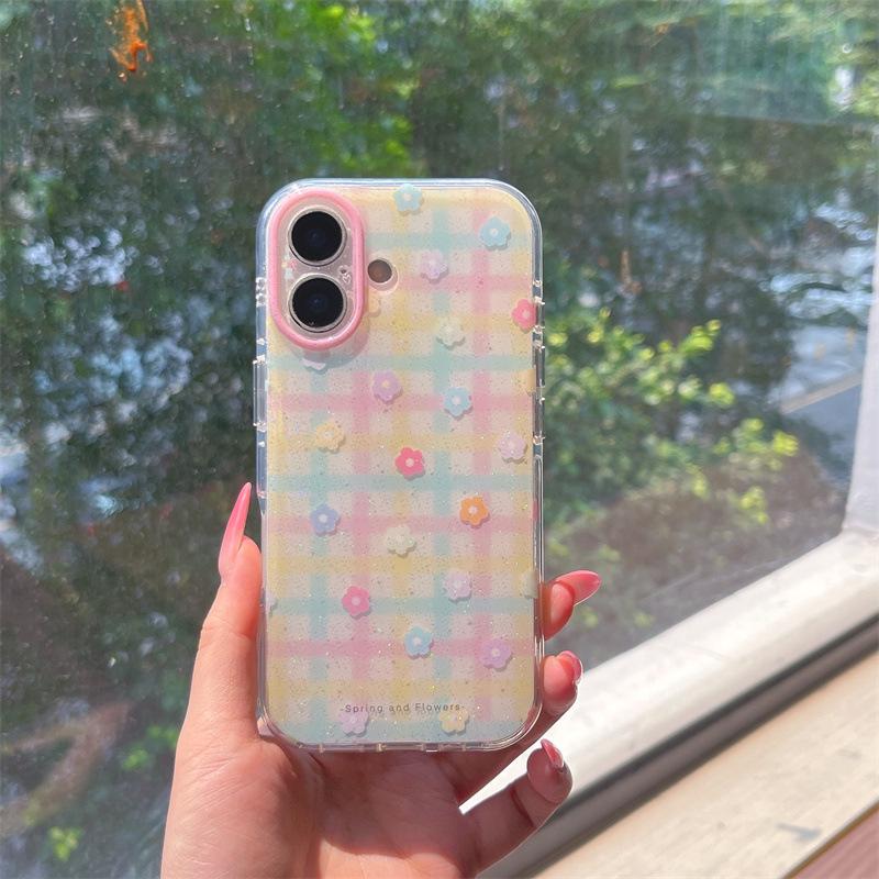 Plaid 3D Flower Pendant Phone Case for iPhone 17, 16 Pro Max/15 Pro - Girly Style