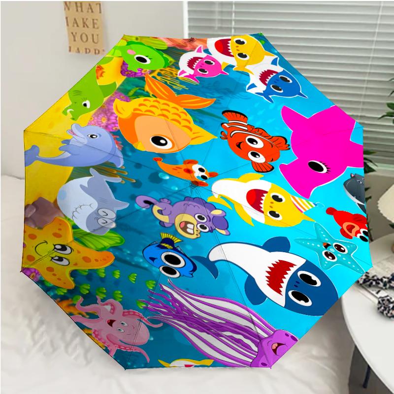 B-Baby Shark Print Automatic Umbrella, 8 Rib Iron Frame, Plastic Handle, Suitable for Outdoor Travel &Daily , Ideal Gift