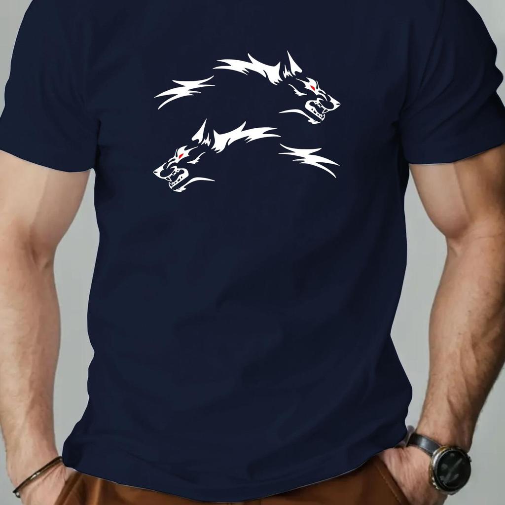 Men Summer Crew Neck T-Shirt with Wolf Print Slight Stretch Regular Fit Solid Color Men Clothing