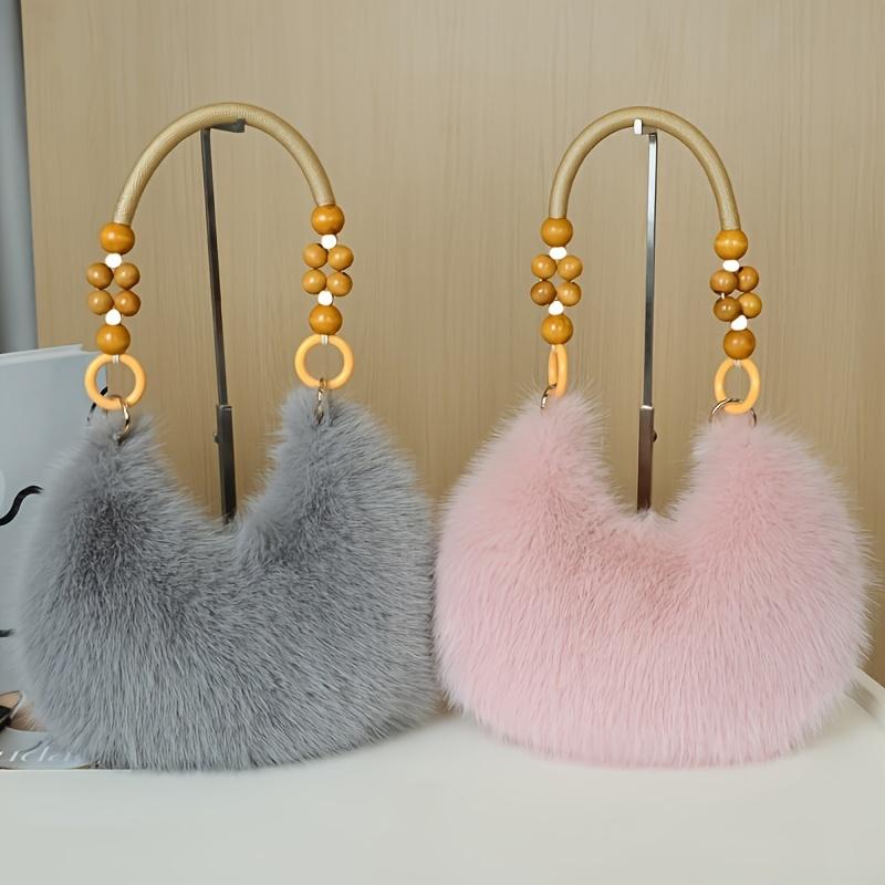 1pc Women's Faux Handbag - Plush Faux Tote & Crossbody Purse with Bead-Accented Strap, Golden-Tone Charm-Like Beads, Zipper Closure