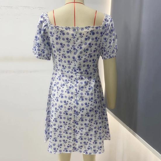 Women Dress Square Neck Elastic Vintage High Waist Pullover Refreshing Flower Print