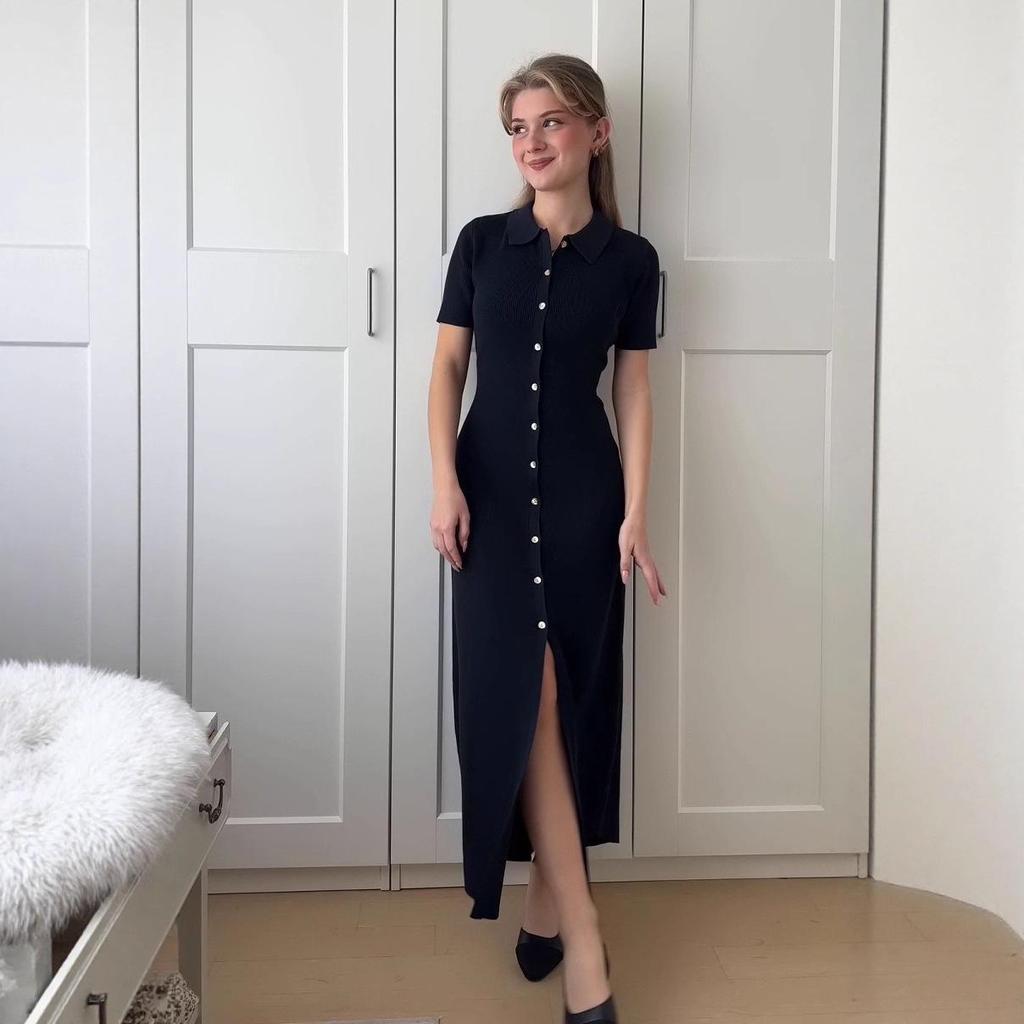 2025 Sommer Europäisches und Amerikanisches Damen Strick Kurzarm Umlegekragen Schlankmachendes Kleid