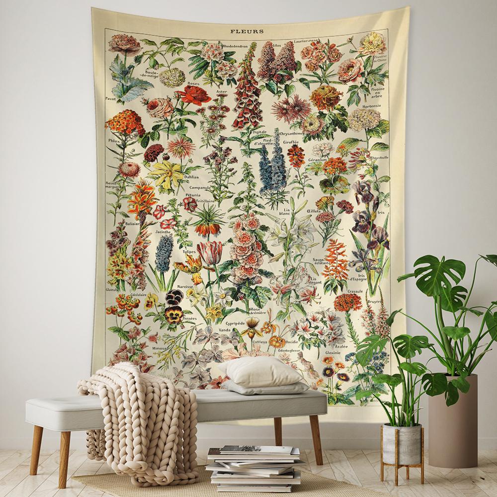 Diagrama de identificare a florilor și a plantelor Tapiserie Agatator de perete Retro Abstractă Artă minimalistă Estetică boemă Decor pentru casă