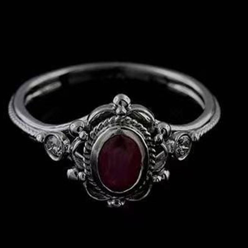 Exquisite Red Ruby Embedded Thai Silver Black Engagement Ring For Women Stylish Sizes 6 To 10