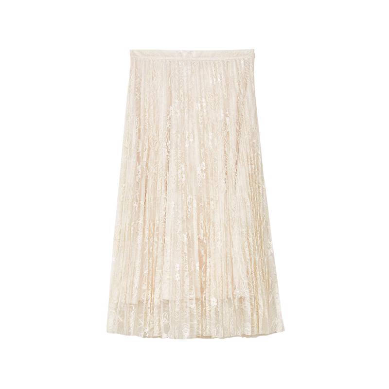 LANCY 25 Lace Pleated H-Line Midi Skirt L
