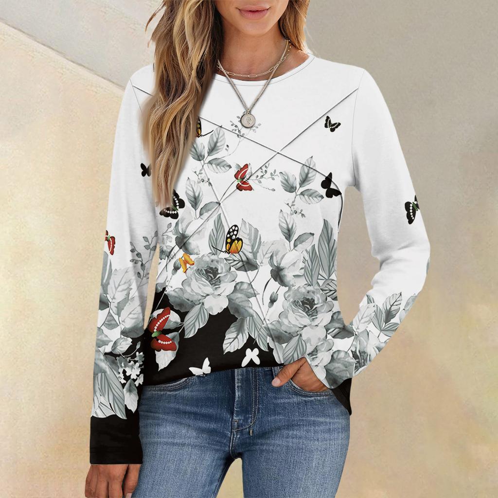 Fashion Women's Long Sleeve Round Neck Casual  Pleated Floral Print Loose Top