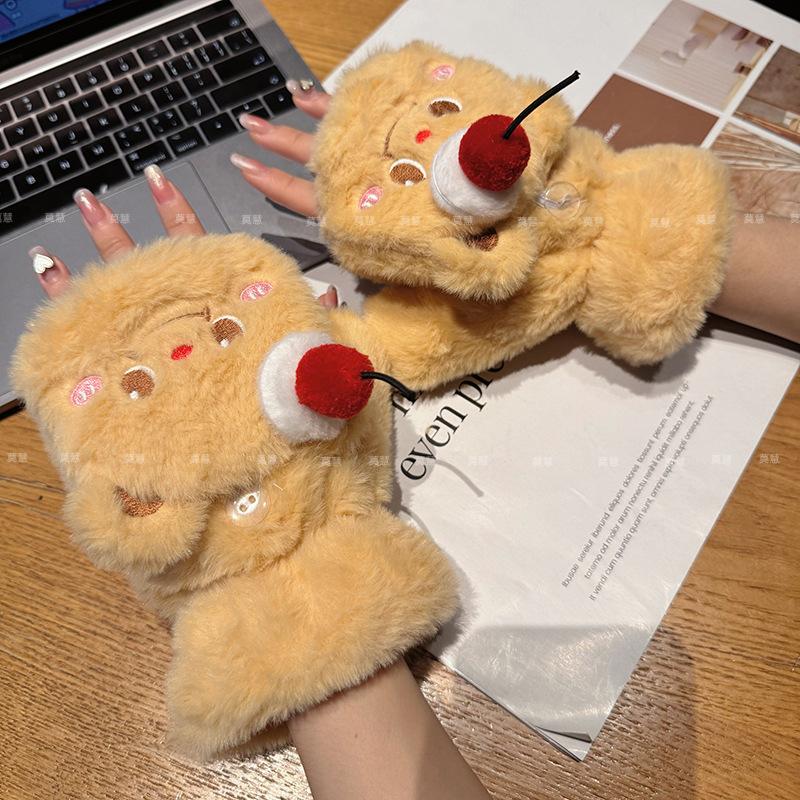 Cute cake bear half finger flip plush gloves women s season plush thickened warm student writing