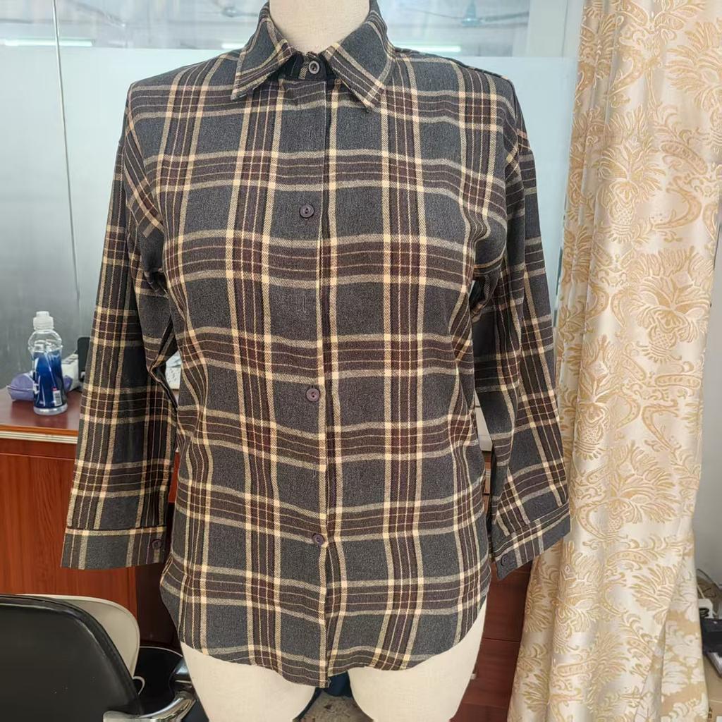 DAFIFY  Women's Fashion Casual Spring Autumn Plaid Print Long Sleeve POLO Neck Blouses & Shirts