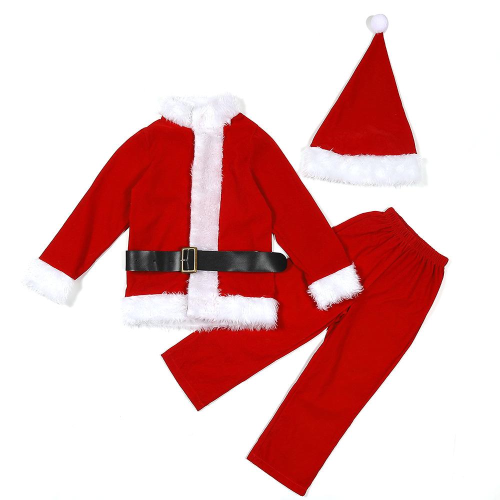 Dětské chlapecké sady Santa Claus Vánoční červená čepice pásek bunda top kalhoty dětské vánoční novoroční cosplay kostýmy předškolní vystoupení role play outfit