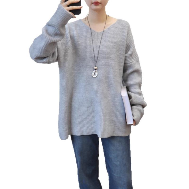 Lazy wind V-neck solid color sweater pullover women's autumn and winter new loose simple knitted sweater top