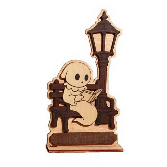 Wooden Ghost Reading Figurine Halloween Ghost Ornament with Street Lamp A