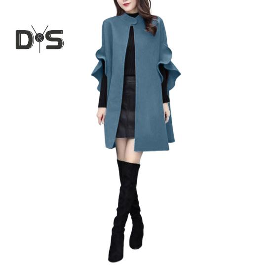 

Женское зимнее пальто с рукавами-лепестками, воротником-стойкой, накидкой-трапецией, кардиганом средней длины с открытыми стежкам, шерстяным пальто для улицы, пончо L синий