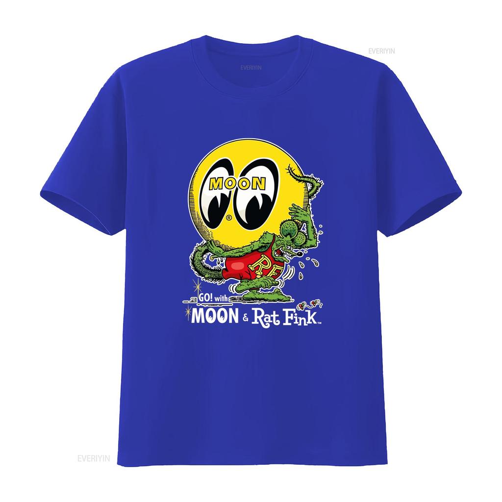 MoonEyes Go With Moon Rat Fink Cotton T Shirt Retro Eyeball Design for Mens Fashion vintage Washed Casual streetwear Stretched