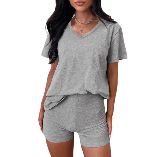 2 Pcs/Set Women T-shirt Shorts Set Suit V Neck Short Sleeves Solid Color Loose Top High Waist Mini Shorts Sport Outfit Casual Daily Tracksuit