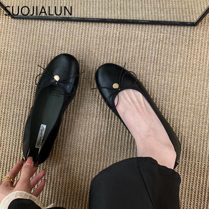 Fashion SUOJIALUN 2025 New Women Flat Shoes Fashion Round Toe Shallow Slip On Ladies Elegant Ballerina Soft Flat Heel Dress Single Shoes
