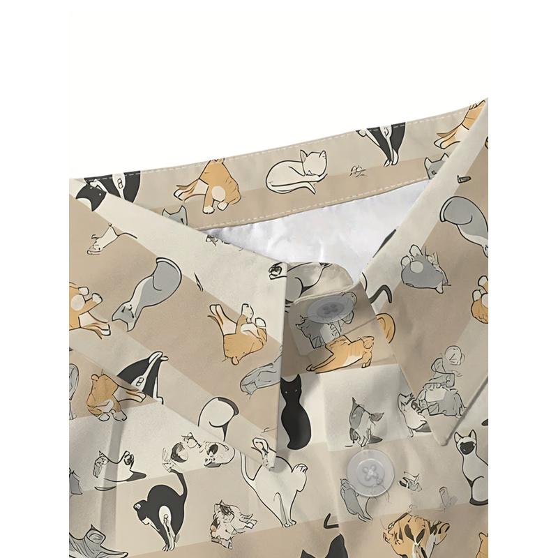 Women's Casual Short Sleeve Shirt Colorful Kittens Pattern Button Up Light Fabric Cute Top Machine Washable Fashionable