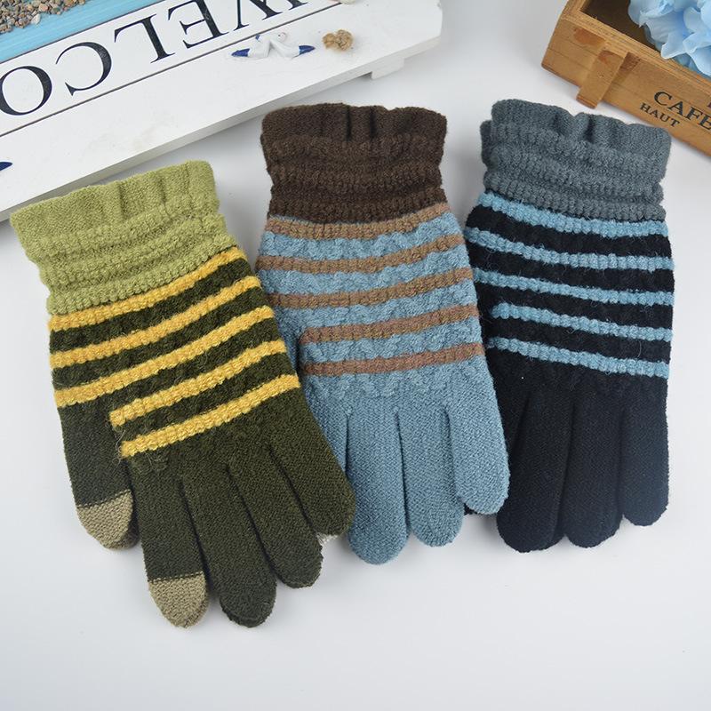 Nouveaux gants thermiques d'hiver pour hommes, tricotés à rayures, tendance, tactiles, pour l'extérieur, le cyclisme, en laine