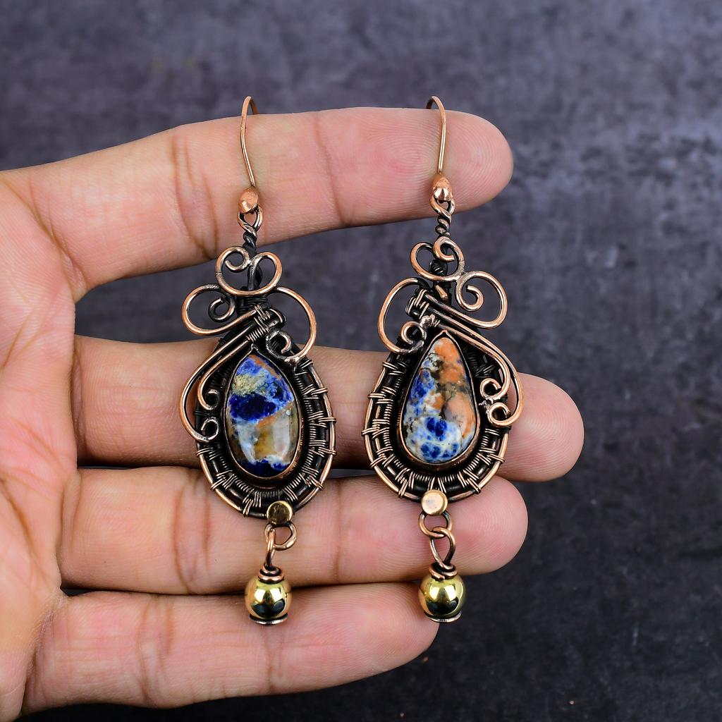 Natural Sodalite Gemstone Handmade Copper Wire Wrap Jewelry Earring 3.47" S9L59