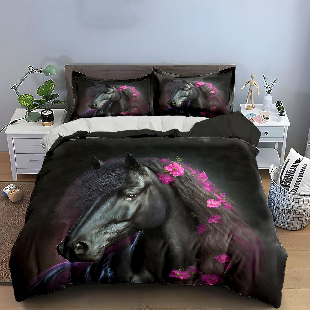 3Pcs Black Horse with Pink Flowers Bedding Set, Equestrian Fantasy Print Duvet Cover + 2 Pillowcases, Romantic Decor
