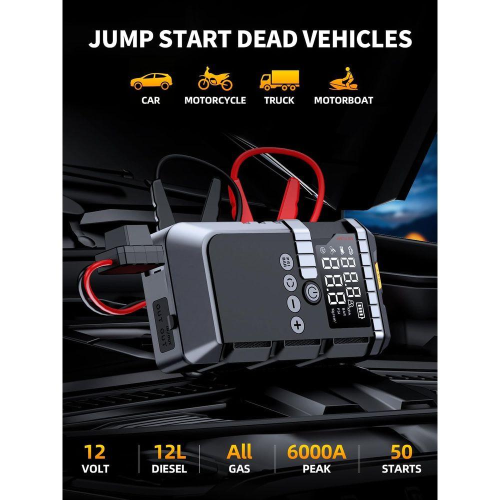 Portable 12V Jump Starter with Air Compressor, 160PSI Tire Inflator, LED Display, and Jumper Cables for Gas & 12L Engines