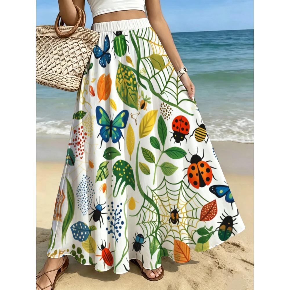 Vibrant Fresh Style Watercolor Doodle Small Flower A-Line Skirt, Elastic Waist, Loose Fit,, Long Length, Casual Skirt