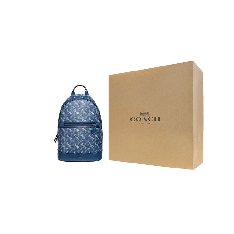 Coach Barrow Carriage Print Canvas And Faux Leather Backpack Men Backpack Blue 91532-JIP2U
