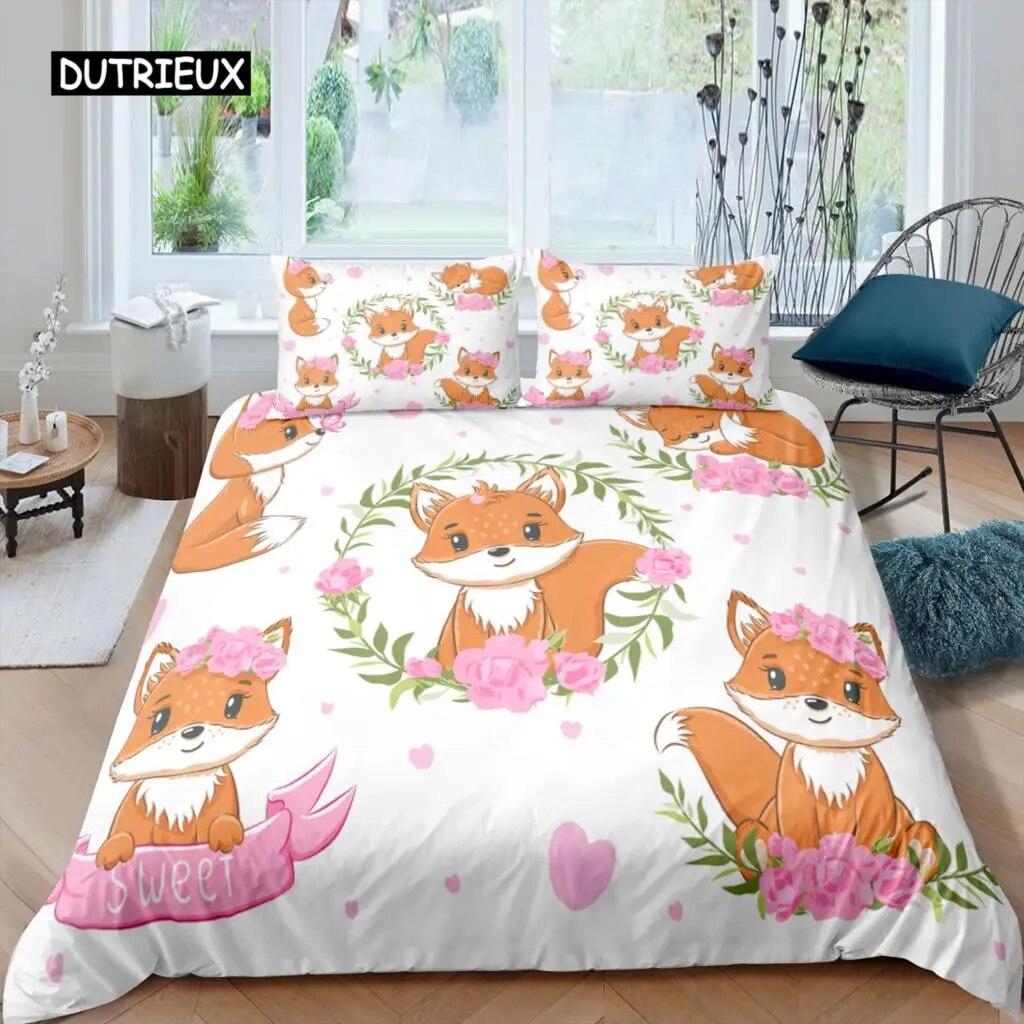 Cartoon Fox King Queen Duvet Cover Lovely Orange Animal Floral Bedding Set Kids Girls Flowers Plant 2/3pcs Polyester Quilt Cover Three Piece Set