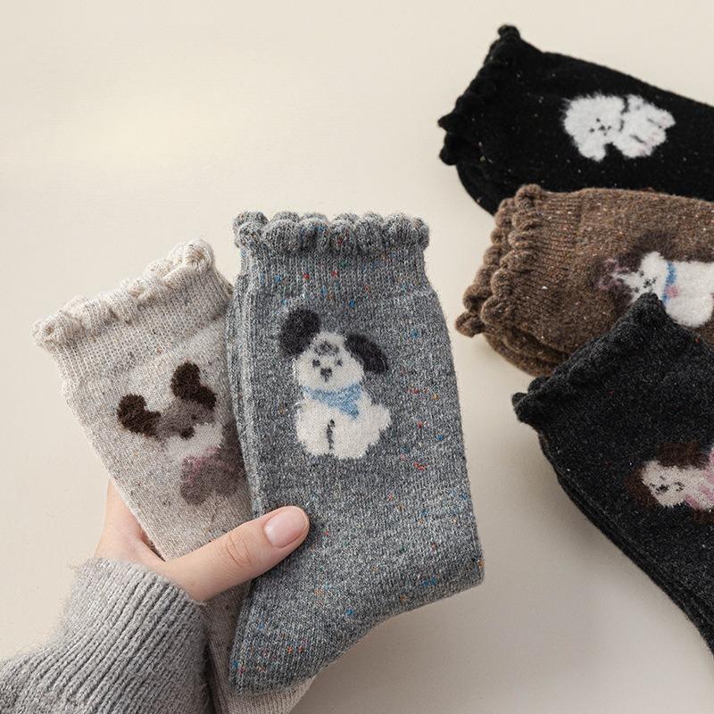 Thick and Warm Wool Socks for Autumn and Winter, Cute Cartoon Dot Yarn Mid-calf Socks, and Long Socks for A Little Girl Puppy