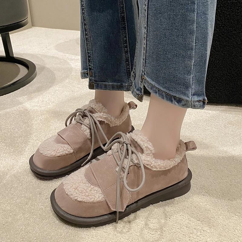 Cow Suede Basic Flats for Women 2024 Fashion Solid Casual Winter Ladies Shoes Lace-up Round Toe  Flats Zapatos Para Mujeres