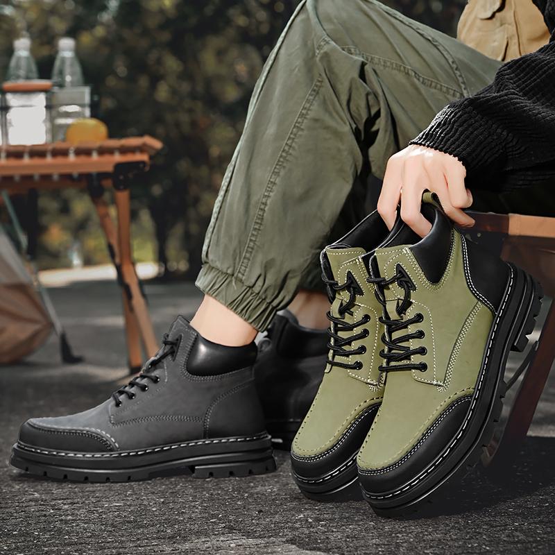 New Winter Fleece Lining Warm Men's Leather Boots, Outdoor Hiking Anti-slip Short Boots, All-season Men's Boots and Casual Boots