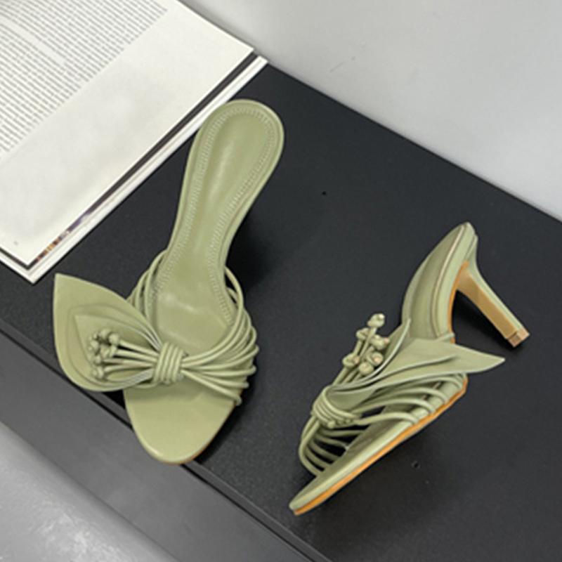 Designer Women Green Leaf Narrow Band Summer Slipper Sandal Street Fashion Open Toe Mules Thin Low Heels Party Dress Shoes