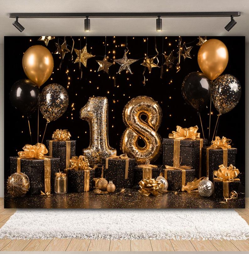 Black and Gold Balloon Gift Theme 18th Birthday Banner Backdrop Cloth Adult Gift Birthday Party Decoration Photography Backdrop