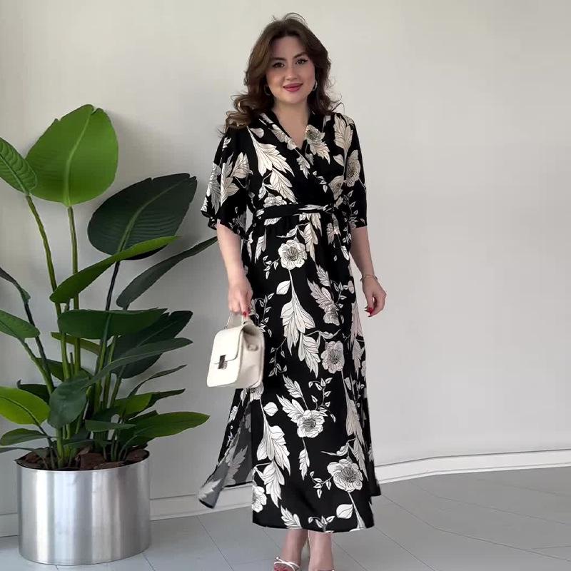 

2024 Summer Women s V-neck Tie Waist Fashion Print Slimming Dress Extra Large