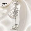 Girls Open Ring Rhinestone Flower Link Chain Ring, Bling Floral Leaf Full Finger Adjustable with Chain, Statement Hand Jewelry for Women Golden Plated