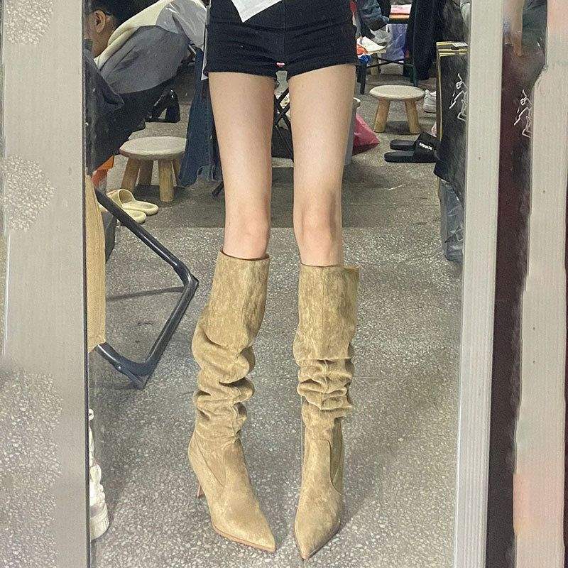 Cowhide version! Two long boots women's over-the-knee boots western cowboy boots pleated stacked boots big tube circumference thick leg boots