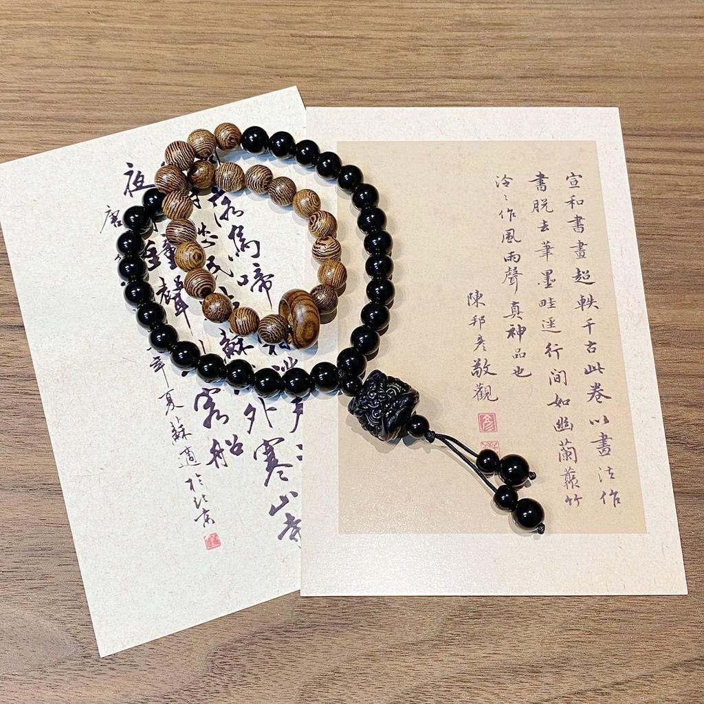 New Chinese-style couple's lion-dancing wood glass beads double circle niche national style high-end fashion bracelet new