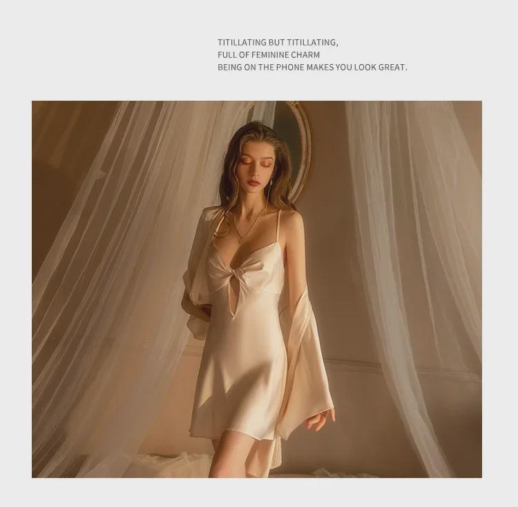 Sexy Ice Ribbon Nightdress & Chest Pad Pajama Set