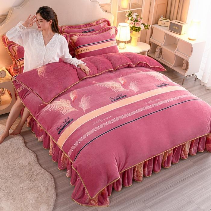 Thickened Milk Fleece Four-Piece Warm Double-Sided Coral Fleece Quilt Cover Flannel Sheet Bed Skirt Bedding
