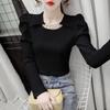 Autumn New Puff Sleeve Knitted Top White Bottoming Shirt for Women Solid Color Long Sleeve T-shirt