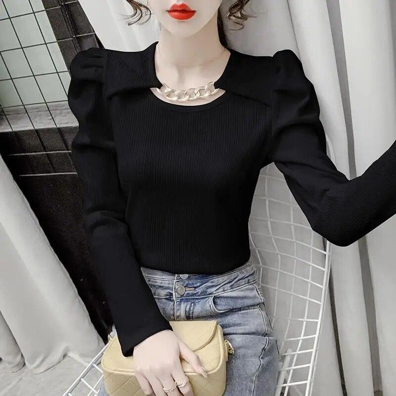 Autumn New Puff Sleeve Knitted Top White Bottoming Shirt for Women Solid Color Long Sleeve T-shirt